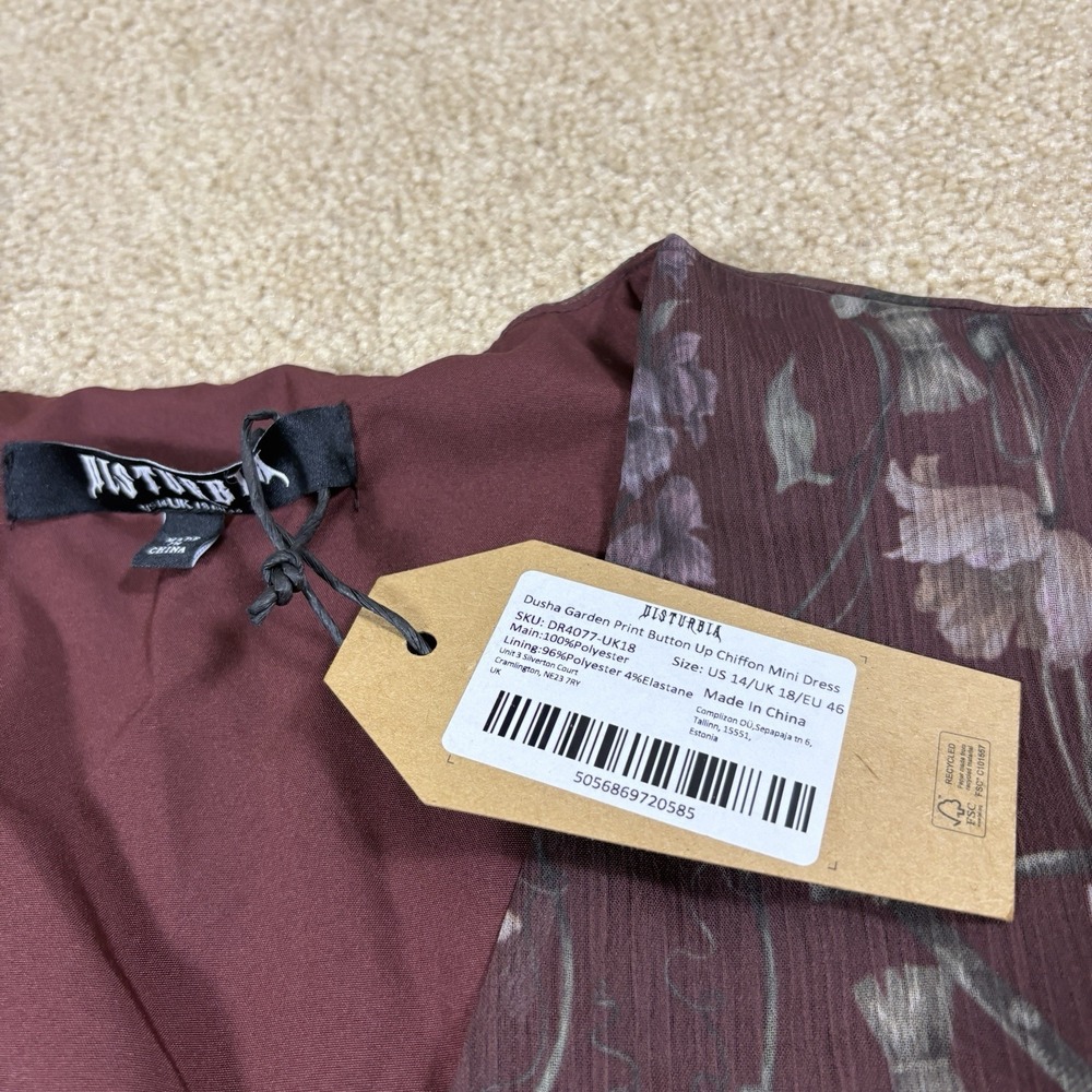 NWT Disturbia Women's Dusha Garden Print Button Up Chiffon Mini Dress Tie 14 - Picture 9 of 9